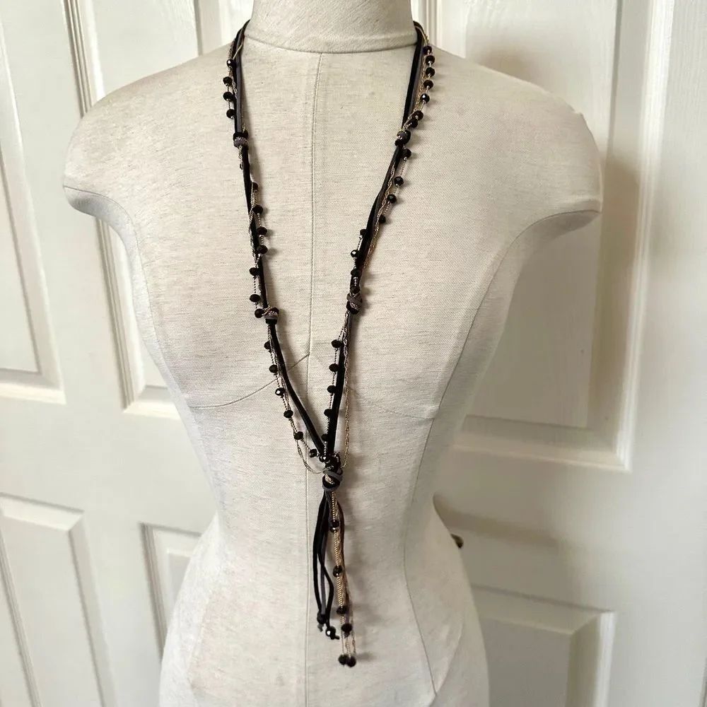 Long beaded chain tassel necklace